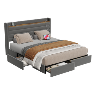 Lit Adulte Lit Double 160x200 Cm, Tête De Lit Avec USB Et Rangement, 4 Tiroirs, Velours, Gris