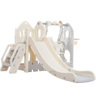 Toboggan 5 En 1 Pour Enfants Avec Balançoire, Escaliers, Panier De Basket, Casiers, Gris