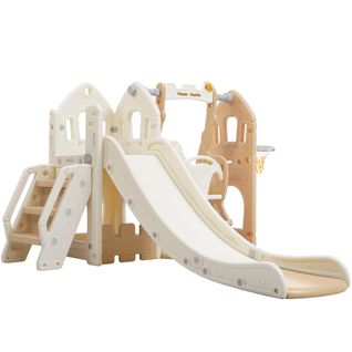 Toboggan Enfant 5 En 1 Avec Balançoire, Escaliers, Panier De Basket, Casiers, Marron