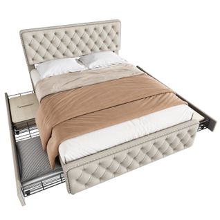 Lit Adulte Lit 180x200, Lit 2 Place, Avec 4 Tiroirs, Tête De Lit Réglable En Hauteur, Lin, Beige