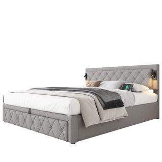 Lit Coffre Pour Adulte, Lit 2 Place 180 X 200 Cm, Rembourré, Avec Éclairage Et Port USB, Lin, Gris