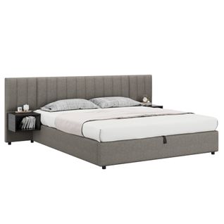 Lit Coffre Lit Adulte 180x200 Cm, Tête De Lit Large Avec 2 Tables De Chevet, Lin, Gris + Noir