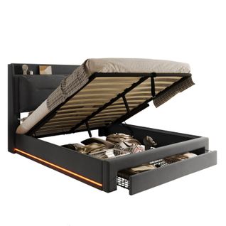 Lit Coffre LED 140x190 Cm, Lit 2 Place Pour Adulte, Tiroir De Rangement 2 En 1, Velours, Gris