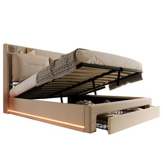 Lit Coffre LED 140x190 Cm, Lit 2 Place Pour Adulte, Tiroir De Rangement 2 En 1, Velours, Beige