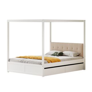 Lit Adulte Lit à Baldaquin 140x200 Cm Avec 2 Tiroirs Et Dossier Moelleux, Lit En Bois, Blanc