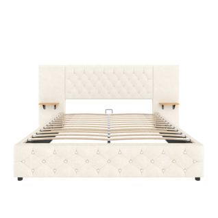 Lit Adulte 160 X 200 Cm Avec Tête De Lit Large, LED, Port USB, 2 Tables De Chevet, Velours Beige