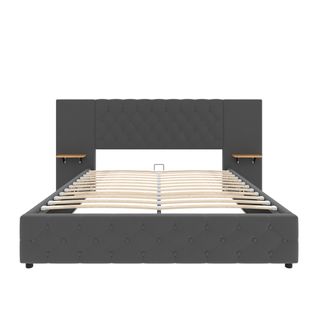 Lit Adulte 160 X 200 Cm Avec Tête De Lit Large, LED, Port USB, 2 Tables De Chevet, Velours Gris