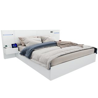 Lit Double En Bois 160x200cm,avec USB, LED, Expérience Intelligent, 2 Tables De Chevet, Blanc