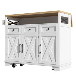 Buffet De Cuisine Moderne Avec Veinure De Bois, 118 X 43 X 98cm, Étagères Réglables, Roues, Blanc