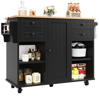 Buffet De Cuisine Moderne Avec Veinure De Bois, 127 × 46 × 91,5cm, Étagères Réglables, Roues, Noir