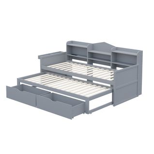 Lit Gigogne Lit Enfant En Bois 90x200/190 Cm, Prise USB Et 2 Tiroirs, Niches De Rangement, Gris