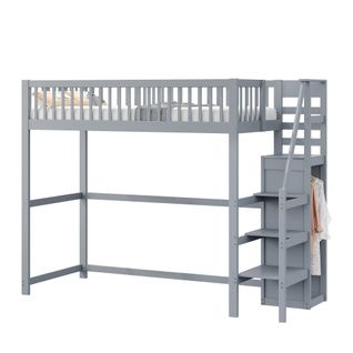 Lit Mezzanine Enfant En Bois 90x200 Avec Escalier Sécurisé, Étagère De Rangement, Gris