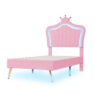 Lit Enfant Rembourré 90 X 200 Cm, Avec LED, Tête De Lit En Forme De Coquille Et Couronne, Pu, Rose
