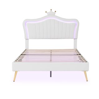 Lit Double Rembourré 140 X 200 Cm, Avec LED, Moulures De Coquille Et De Couronne, Pu, Blanc
