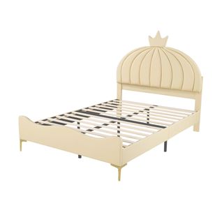 Lit Enfant Rembourré 140x200 Cm, Tête De Lit Citrouille De Dessin Animé, En Pu, Beige Et Jaune