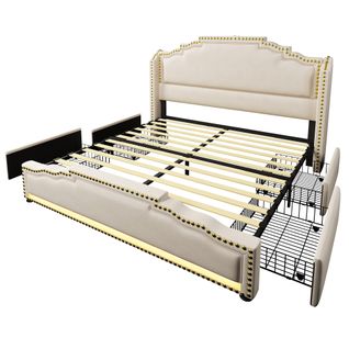 Lit Adulte 140x200 cm avec 4 Tiroirs, Éclairage LED, Prises, Velours, Beige