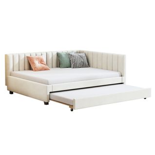 Lit Double 140x200cm, Lit Gigogne 90x190cm, Avec Sommier à Lattes, Lits Jeunes, Velours Beige