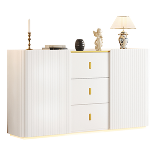 Buffet Blanc LED 150x35x80cm, 2 Portes 3 Tiroirs Éclairage Intégré