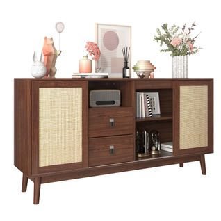 Buffet TV Rotin 155x38x80cm, 3 Portes Coulissantes + Tiroirs Bois Marron