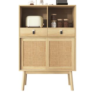 Buffet Rotin 2 Portes + 2 Tiroirs 80x39x120cm, Étagères Ouvertes Naturel