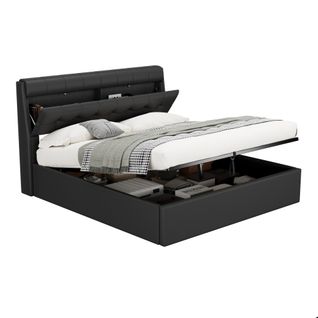 Lit Coffre 160x200 Cm Avec Tête De Lit Rangement, Rembourrage Confortable - PU Noir