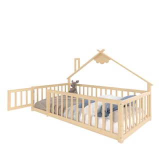 Lit Enfant 90x200 Cm - Lit Maison Avec Barrières - Pin + Mdf - Naturel