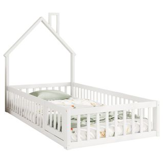 Lit Cabane 90 X 200 Cm - Lit Enfant Forme Cheminée - Pin + Mdf - Blanc