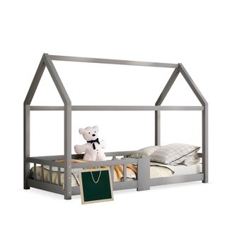 Lit Enfant 90x200 Cm - Lit Cabane Avec Tablette Pratique Et Tableau Créatif - Bois De Pin - Gris
