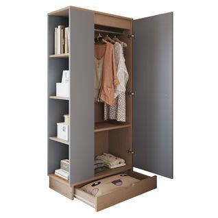 Armoire Enfant 70x40x170cm à 1 Porte, Tiroir, Compartiment De Rangement Et Étagères, Gris + Kaki