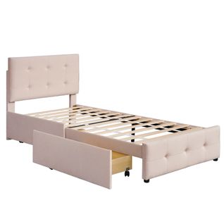 Lit Enfant Simple En Velours 90 X 200 Cm Avec Sommier à Lattes, Dossier Et 2 Tiroirs, Beige Foncé
