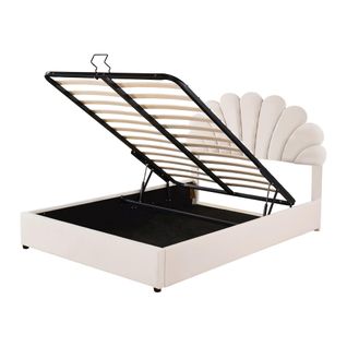 Lit Coffre Lit Double 140 X 200 Cm, Tête De Lit En Forme De Fleur Et Sommier à Lattes, Velours Beige