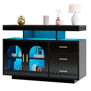 Buffet LED, 120x40x80 Cm, Noir, 2 Portes, 3 Tiroirs