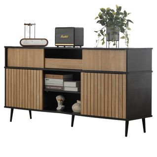 Buffet à 4 Portes Coulissantes Et 1 Tiroir, 160 X 40 X 80 Cm, Coloris Chêne Et Noir