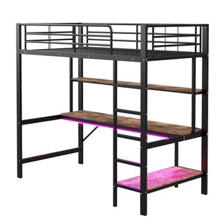 Lit Mezzanine 90*200cm, USB + LED + Prises Électriques + Bureau + Étagère, En Métal, Noir