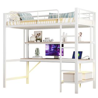 Lit Mezzanine 90x200cm avec USB, LED, Prises Électriques, Bureau, Étagère, En Métal, Blanc