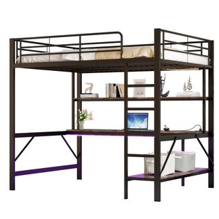 Lit Mezzanine 140*200cm, USB + LED + Prises Électriques + Bureau + Étagère, En Métal, Noir