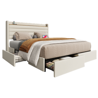 Lit Adulte 160x200 cm avec 4 Tiroirs De Rangement, Prises, Velours Beige - Élégance et Praticité