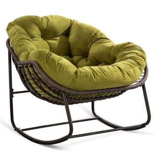 Fauteuil à Bascule D'extérieur En Rotin, Coussin Rembourré En Cotton, Cadre En Ancier, Vert Olive