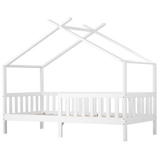 Lit Enfant Lit Cabane 90x200 Cm, Lit En Bois Avec Protection Antichute, Blanc