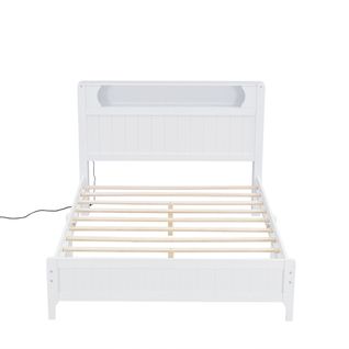Lit Double 140x200cm, Tête De Lit Avec Bande LED Et De Rangement, Lit En Bois, Pin+mdf, Blanc
