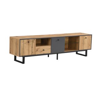 Meuble TV 190x40x50cm Avec LED, 1 Tiroir, 3 Portes,  Poignées et Pieds Noirs, Bois