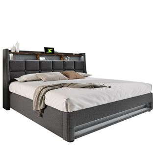 Lit Coffre Adulte 140x200 Cm Avec LED, Port USB, Rangement Et Sommier Relevable, Lin Gris