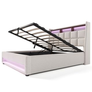 Lit Coffre Adulte 140x200 Cm Avec LED, Port USB, Rangement Et Sommier Relevable, Lin Beige
