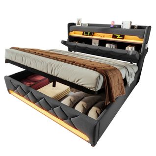 Lit Coffre Adulte 180x200 cm - Éclairage LED et USB et Type-c, en Lin, gris