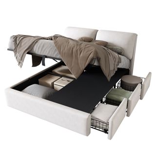 Lit Coffre 140x200 cm, Lit Adulte, Lit Avec 3 Tiroirs, En Velours, Beige-blanc