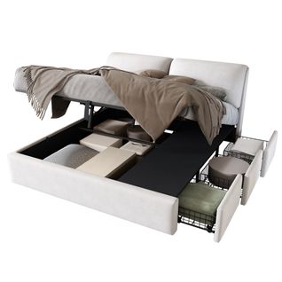 Lit Coffre 180x200 cm, Lit Adulte, Lit Avec 3 Tiroirs, En Velours, Beige-blanc