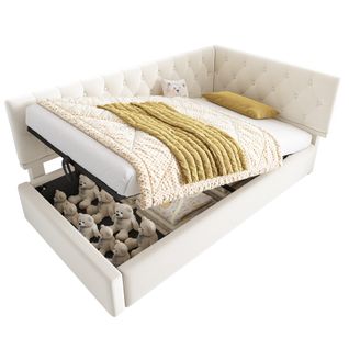 Lit Coffre Enfant 90x200cm, Lit De Repos Avec Rangement Hydraulique, Velours, Beige
