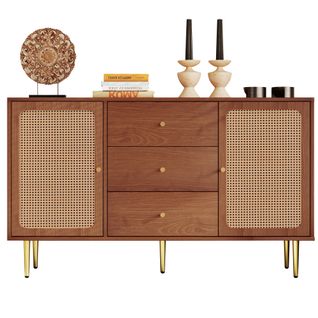 Buffet 150x40x90 Cm 2 Portes Et 3 Tiroirs, Décoration En Rotin, Étagères Réglables, Couleur Noyer