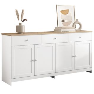 Buffet Moderne 160x37x75 Cm, Avec 4 Portes Et 3 Tiroirs, Couleur Bois Et Blanc