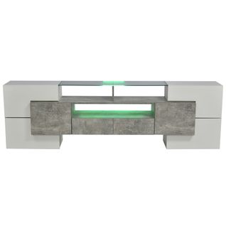 Meuble TV Moderne 200x35x60 Cm, Avec Éclairage LED, Blanc Brillant Et Béton